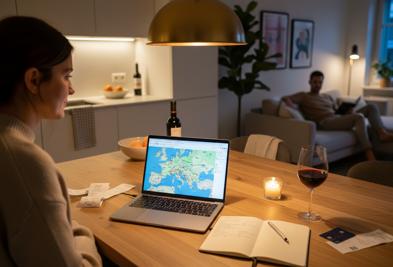 Cozy Evening Budgeting for a Secret European Getaway at Home A nighttime photograph inside a modern, warmly lit apartment shows an open-plan kitchen and living area. The camera looks over one person’s shoulder at a wooden kitchen table where a laptop displays a detailed map of Europe beside an open notebook with a handwritten travel budget, scattered receipts, a pen, a half-hidden credit card, a glass of red wine, and a small burning candle. In the softly blurred background, a partner reclines on a sofa, reading and completely unaware of the quiet, meticulous trip planning unfolding at the table.