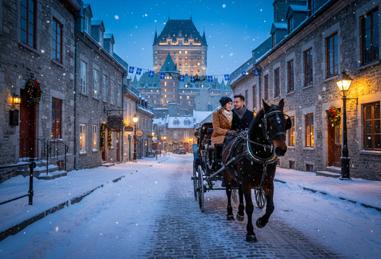 A highly detailed photograph shows a romantic winter evening in Old Quebec City. A horse-drawn carriage moves slowly down a narrow, snow-covered cobblestone street lined with glowing stone buildings. A warmly dressed young couple sits close together under a blanket inside the carriage as soft snow falls in the light of old-fashioned streetlamps. In the distance, the illuminated turrets and steep roofs of Fairmont Le Château Frontenac rise above the rooftops against a deep blue sky, creating an intimate and atmospheric scene.