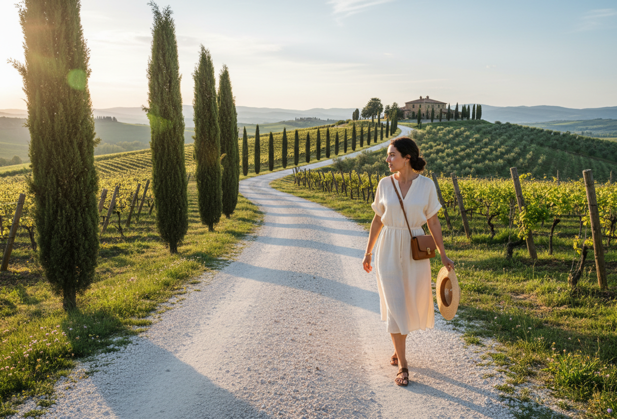 A high-resolution photograph shows a solo woman walking slowly along a white gravel road lined with tall cypress trees in the Tuscan countryside at golden hour. She is seen from behind, wearing a light linen dress and holding a straw hat as she heads toward a stone farmhouse on a distant hill. On either side of the road, green vineyards and silvery olive groves roll across soft hills under a warm, low evening sun and a mostly clear spring sky, creating a calm and luxurious rural landscape.