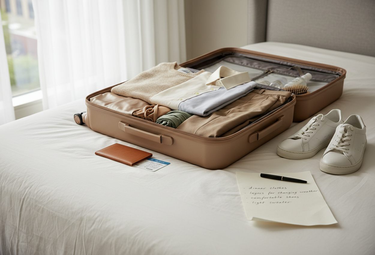 Neatly Packed Neutral Capsule Wardrobe in Morning Light on a Bed A high-resolution photograph of an open suitcase on a neatly made bed, packed with neutral-toned clothing, swimwear, a passport wallet, toiletries, and white walking shoes. A handwritten packing list and pen lie on the opposite side of the bed, while soft natural morning light filters through sheer curtains, creating a calm, intimate atmosphere of someone preparing for an upcoming trip.