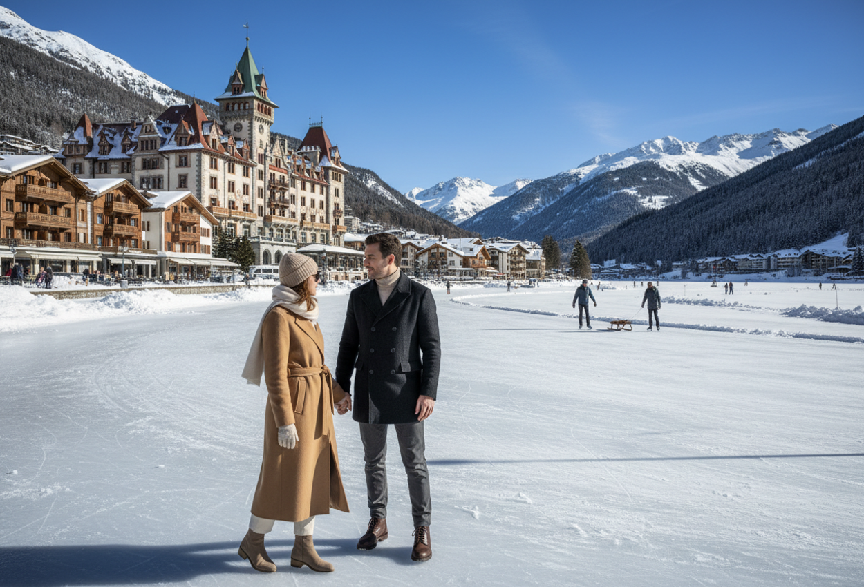 A late-morning winter photograph overlooking the frozen Lake St. Moritz in Switzerland, with a stylishly dressed couple standing at the lake’s edge, slightly out of focus, holding hands and looking toward Badrutt’s Palace Hotel. The ice is groomed for skating, a few distant figures glide across the surface, and snow-covered Engadin mountains rise under a deep blue sky, all rendered with crisp, detailed textures and a sense of quiet Alpine luxury.
