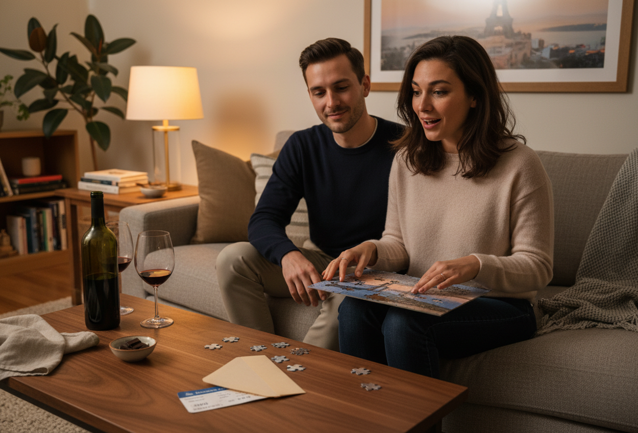 Candid Living Room Reveal of a Surprise European Trip with Custom Puzzle and Tickets A high-resolution photo of a cozy modern living room in the early evening, showing a young couple on a sofa at the exact moment one partner realizes they are being surprised with a trip. The woman in a soft cashmere sweater holds a nearly completed custom jigsaw puzzle that reveals either Santorini’s cliffs or the Eiffel Tower, her face lit with warm lamplight and a joyful, surprised expression. Beside her, her partner watches with a quiet smile. In front of them, on a wooden coffee table, an open envelope with visible airline tickets, a bottle of red wine, and two partially filled glasses help tell the story. The room features tasteful, understated decor, a textured sofa and cushions, a floor rug, and a softly blurred background with shelves and a houseplant, all captured with shallow depth of field and warm, intimate lighting.