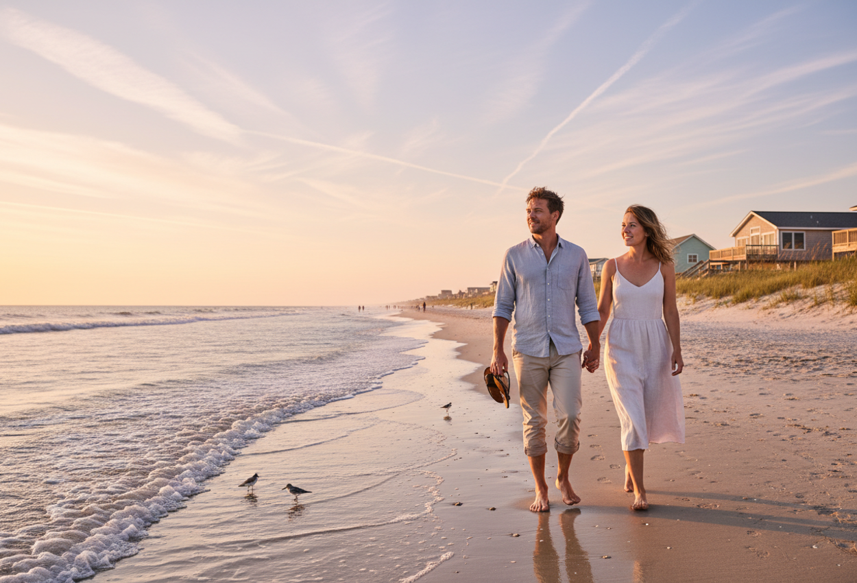 A high-resolution photograph shows a quiet Outer Banks beach near Duck, North Carolina in late September at sunset. A casually dressed couple in their early thirties walks barefoot along the wet sand at the water’s edge, carrying their shoes. The shoreline curves diagonally into the distance, leading past small waves and scattered shorebirds. On the right, modest pastel-colored beach houses stand on pilings behind low dunes dotted with sea oats and grasses. The sky is filled with soft peach, pink, and blue tones as the sun sinks toward the horizon, casting warm light across the scene and creating a calm, intimate atmosphere on an uncrowded shore.