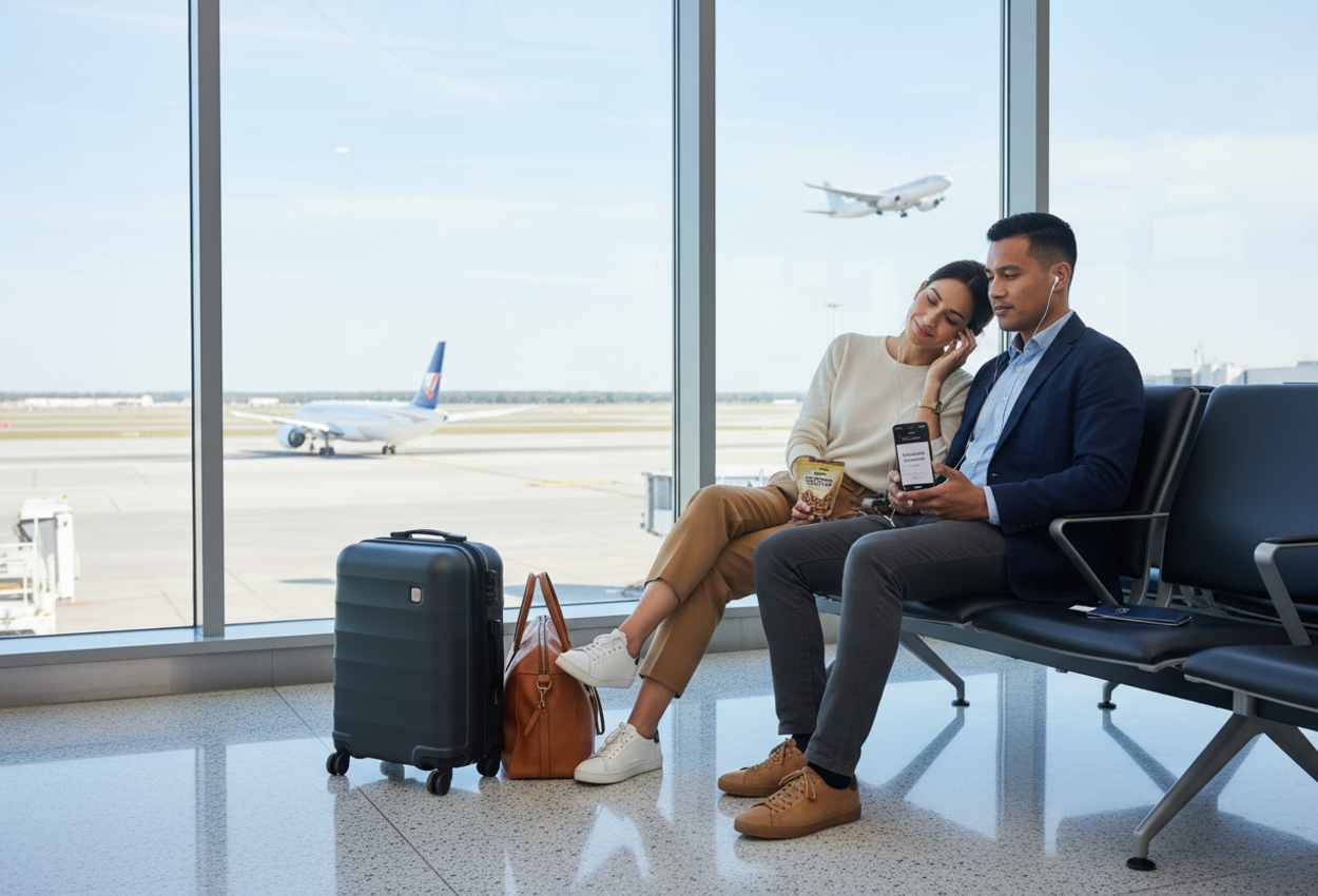 Calm Couple at Airport Gate Relaxing During Flight Delay with Runway View A highly detailed photograph of a stylish couple in their early 30s sitting together at an airport gate near a large window, their carry-on luggage neatly at their feet. The woman leans her head on the man’s shoulder while he checks a travel app on his phone that shows a delayed or rebooked flight. Both are smiling gently, sharing headphones and a light snack, illuminated by soft daylight from the runway behind them where planes and a departing jet are visible. The scene conveys a calm, intimate moment of togetherness and resilience during a travel delay.