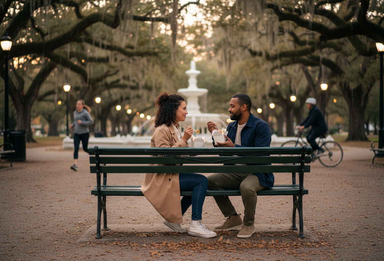 A high-resolution landscape photograph taken in Forsyth Park in Savannah, Georgia, shows a stylish couple in their early thirties sharing a simple takeaway meal on a bench along the central path. The iconic white fountain glows softly in the distance, framed by towering live oaks draped with Spanish moss under warm early evening light. A few walkers and a cyclist move quietly in the background, and the scene feels calm, spacious, and romantic, capturing the park’s historic Southern atmosphere in autumn.