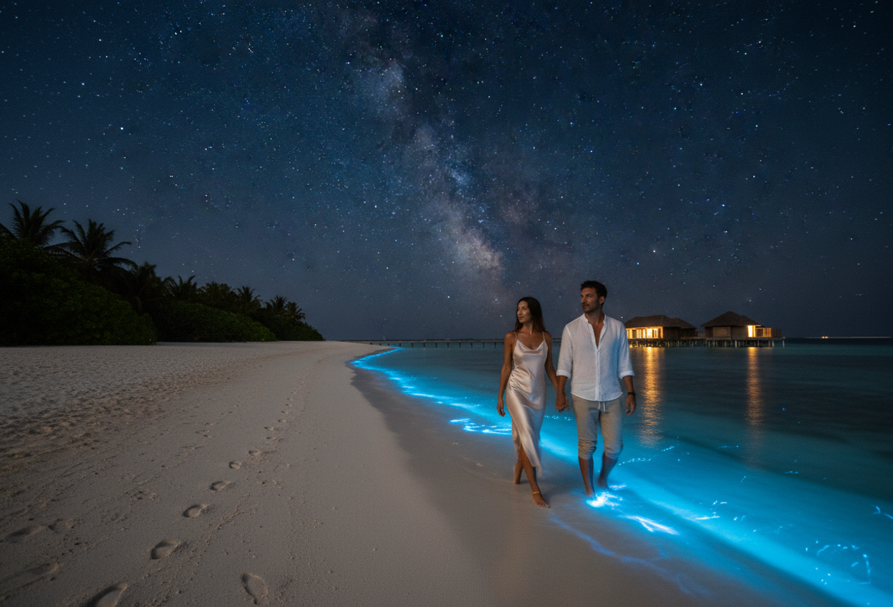 A high-resolution nighttime photograph of a secluded Maldivian beach on a private island. Electric blue bioluminescent waves trace the shoreline and illuminate barefoot footprints in the wet sand. A stylish couple in light linen and silk walks hand in hand at the water’s edge, their silhouettes softly backlit by a faint warm glow from distant overwater villas on stilts. Above them a dark, clear sky is filled with stars and a subtle arc of the Milky Way, creating a sense of depth as the glowing sea appears to merge with the heavens at the low, clean horizon.