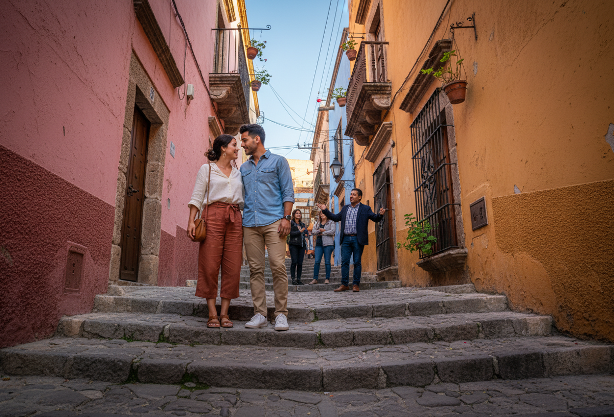 A high-resolution photograph of Guanajuato’s famous Callejón del Beso at golden hour, showing a young couple standing close together on steep stone steps between colorful colonial facades, with the nearly touching balconies above them and a local guide explaining the legend to a small group in the background under warm November evening light.