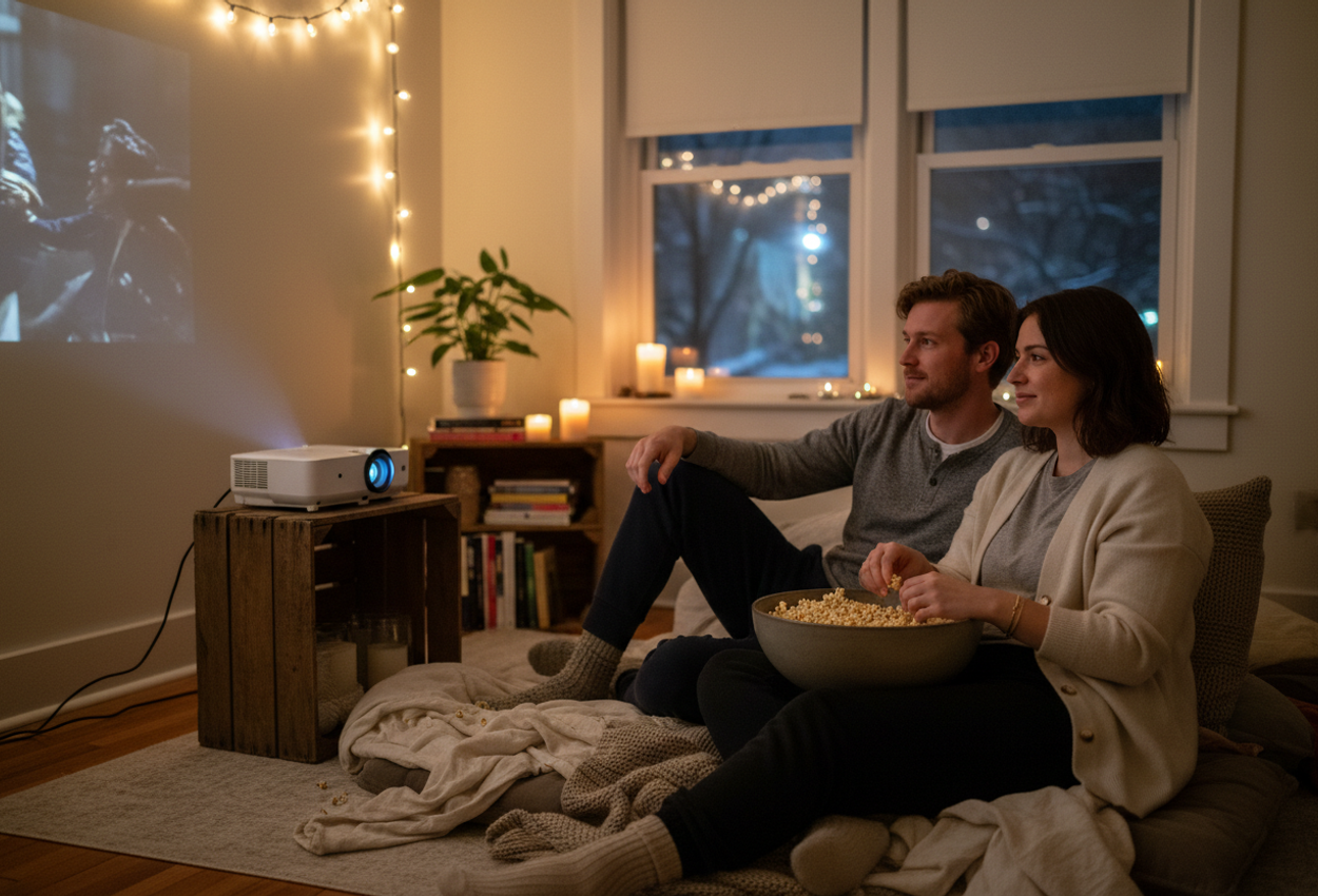 A realistic photograph of a young couple in their mid-20s to early 30s lounging on layered cushions and blankets on the floor of a warm American apartment living room on a winter night. Soft string lights and candles create a golden glow as a projector or laptop casts a gentle film image onto a blank wall. A large ceramic bowl of popcorn rests between them while a dark, cold night is faintly visible through the window in the background, emphasizing the intimate comfort of staying home together.