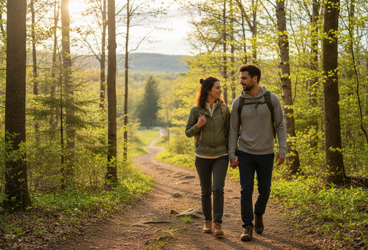 A young couple walks closely together along a gently curving dirt trail in a bright North American forest on a clear late-spring morning. Sunlight filters through tall green trees and creates dappled patterns on the path, while a small valley and distant wooded hills open up beyond a bend in the trail. Both hikers wear modern, neutral-toned outdoor clothing and small daypacks, captured mid-step in a candid, relaxed moment that emphasizes their shared journey through an accessible, peaceful natural setting.
