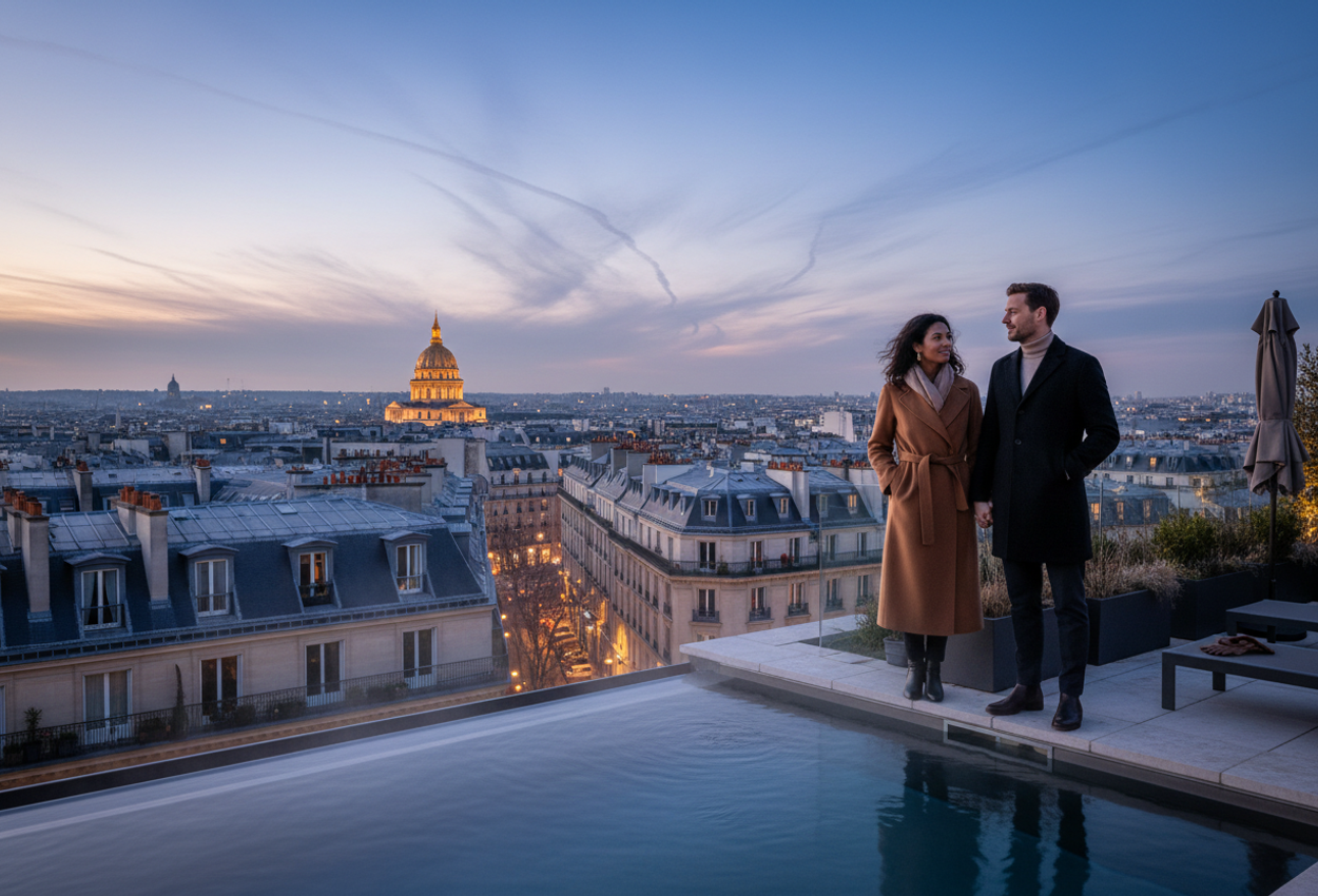 A photograph taken at blue hour from a rooftop pool terrace near Le Bristol Paris, showing a warmly dressed couple standing at the edge of the water, looking out over classic Parisian zinc rooftops toward the softly illuminated dome of Les Invalides under a lavender and gold winter sky.