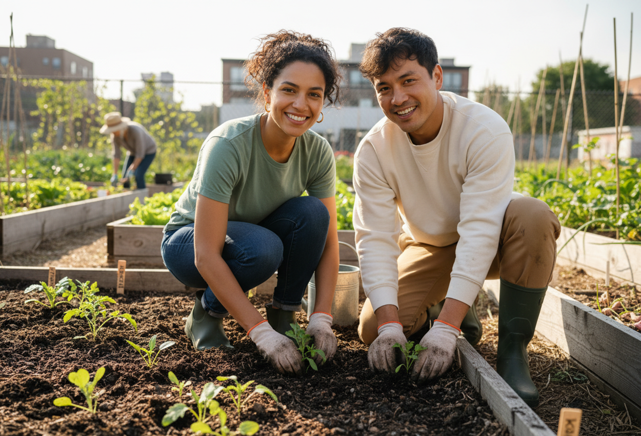 A sharply focused, low-angle color photograph of a young couple in their early 30s kneeling side by side in a raised bed at an urban community garden on a clear late-morning in spring. They are gently planting green seedlings into dark, freshly watered soil, their hands dirty and faces relaxed with small smiles. The foreground shows detailed soil and tiny water droplets on the leaves, while the background is softly blurred with hints of other volunteers, raised beds, and distant city buildings, conveying a calm sense of shared purpose and connection through community service.