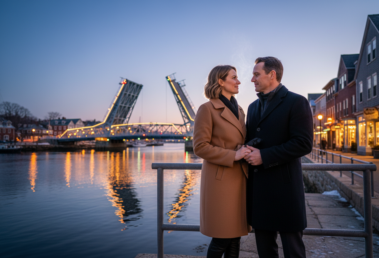 A color photograph shows a romantic winter evening in downtown Mystic, Connecticut. In the foreground, a warmly dressed couple stands side by side at a riverside railing, their hands gently intertwined and resting on the metal rail. Behind them, the Mystic River Bascule Bridge is raised, its steel structure lined with small warm lights that reflect as golden streaks on the calm, dark river below. On the right, softly blurred historic clapboard and brick buildings along Main Street glow with inviting interior light from shops and restaurants. The sky is a clear blue-hour gradient from deep cobalt to soft purple, and the cool air is suggested by a faint trace of the couple’s breath. The overall mood is quiet, intimate, and atmospheric, capturing a peaceful winter moment in a New England waterfront town.