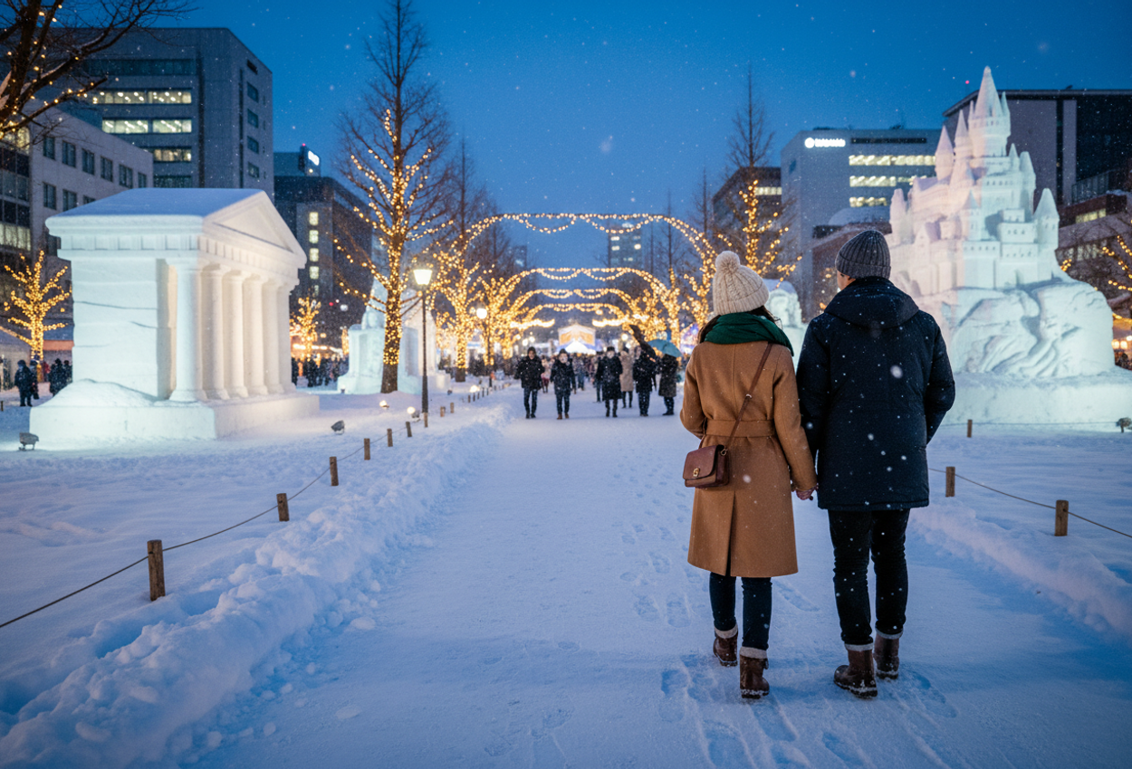 Romantic Winter Arrival at Sapporo Snow Festival in Odori Park at Blue Hour A high-resolution winter photograph taken at blue hour in Odori Park during the Sapporo Snow Festival. A young couple in stylish winter coats and knit hats walks hand in hand along a snow-covered path, seen from behind. Their fresh boot prints lead toward tall illuminated snow sculptures and softly glowing fairy lights wrapped around bare trees. Gentle snow falls through the deep blue evening sky while distant visitors and city buildings create a softly blurred, atmospheric backdrop.