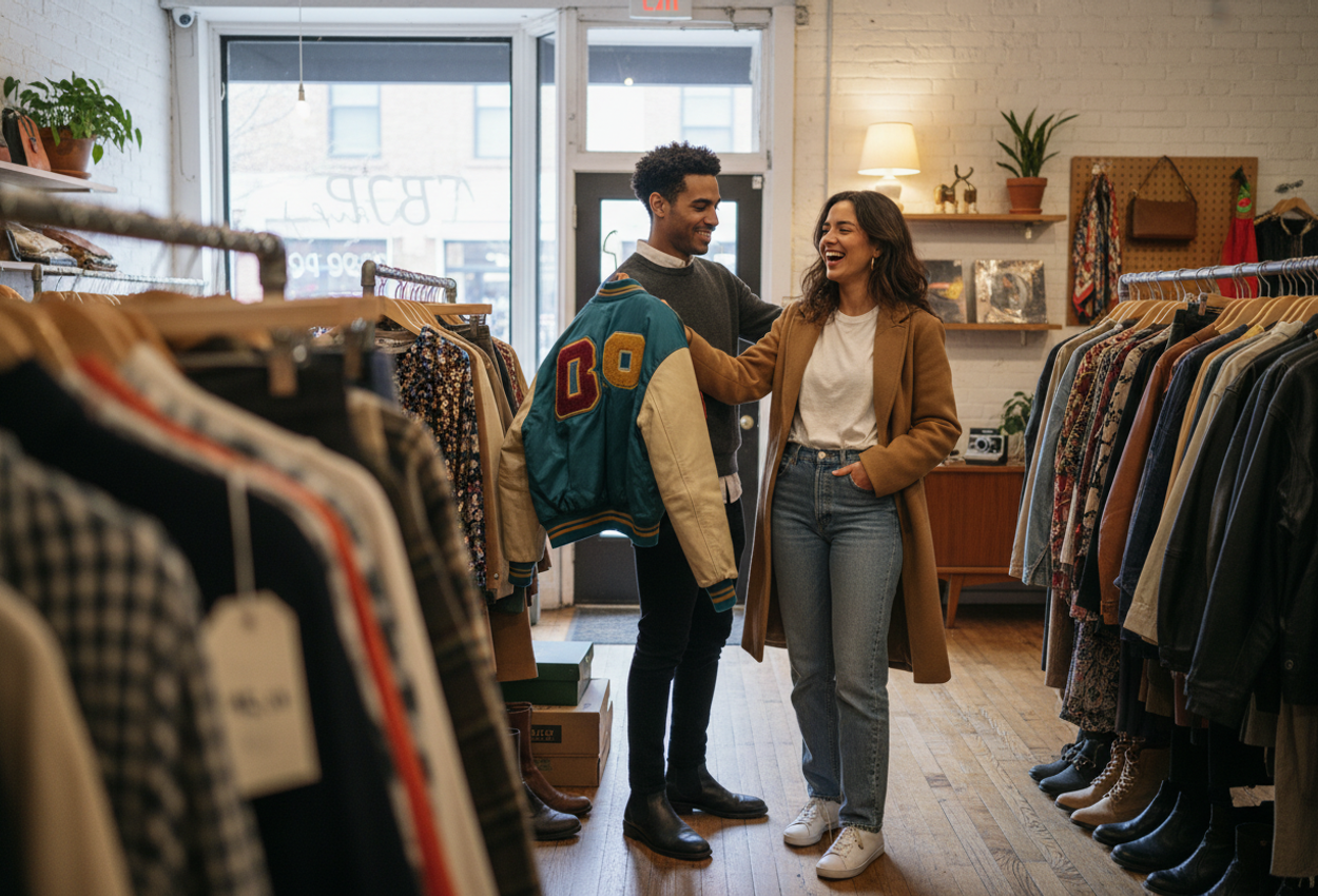A candid photograph inside a real vintage clothing shop in Williamsburg, Brooklyn, shows a young couple laughing together as one partner holds a bold teal and cream vintage bomber jacket against the other’s shoulders. They stand surrounded by racks of colorful secondhand clothing, worn wooden floors, and quirky retro objects on shelves. Soft afternoon daylight from large front windows highlights the textures of denim, leather, sequins, and brick, creating a warm, intimate scene of relaxed thrifting in the city.
