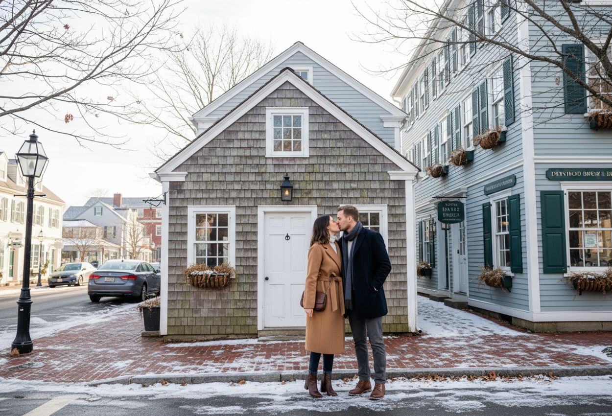 A color photograph shows a quiet winter day in historic downtown Mystic, Connecticut. In the center stands a tiny, weathered wood-shingled cottage with white trim, nestled between slightly taller traditional New England buildings. A well-dressed couple in their early thirties pauses on the sidewalk in front of the cottage, leaning in for a gentle kiss. Bare tree branches frame the top of the image, and a light dusting of snow lines the street and sidewalk edges. The scene feels calm, intimate, and romantic, with soft overcast daylight and detailed textures visible in the wood, brick, snow, and clothing.