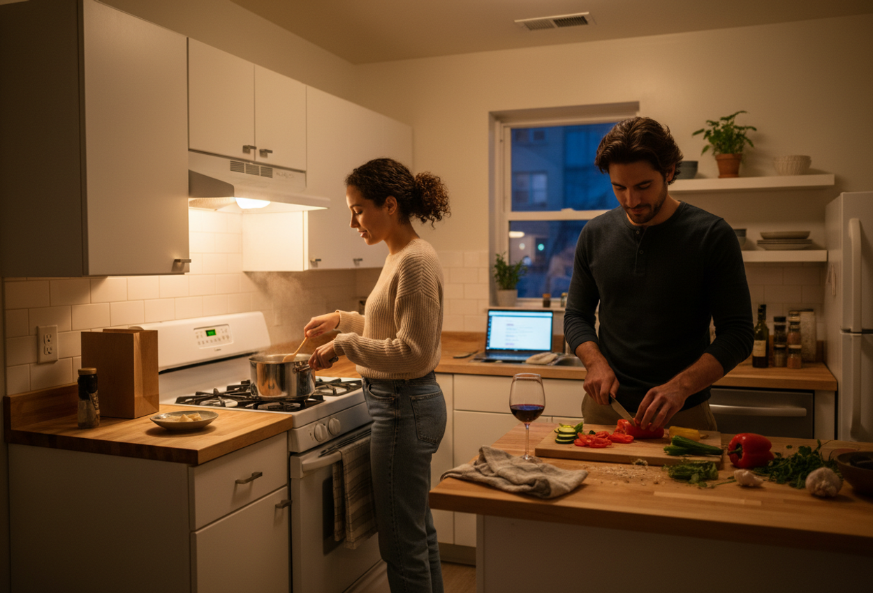 A realistic evening photograph inside a small US apartment kitchen shows a young couple cooking together for an at-home date night. A woman stirs a steaming pot on the stove while a man chops colorful vegetables on a wooden counter, surrounded by simple fresh ingredients, herbs, spices, and a glass of wine under warm, inviting kitchen lighting.