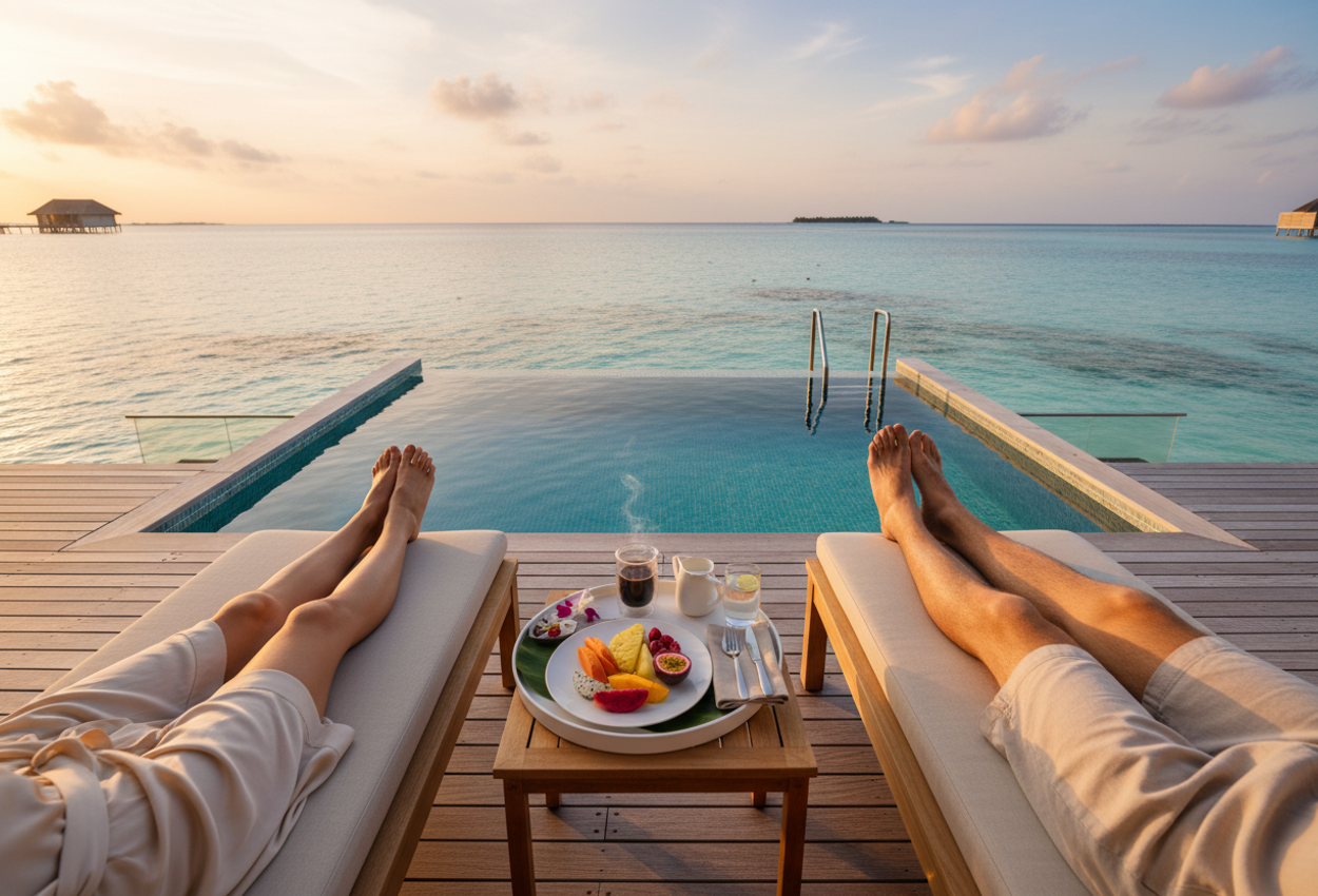 A high-resolution photograph taken from a low angle on the teak deck of an overwater villa at Four Seasons Resort Maldives at Landaa Giraavaru, showing a relaxed couple’s bare feet and lower legs on sun loungers beside a small infinity-edge plunge pool. Between them sits a tray with coffee and a plate of sliced tropical fruit on a teak side table. Beyond the pool stretches a calm, glassy lagoon transitioning from pale turquoise to deep blue, with faint coral heads beneath the surface and a clear, pastel-colored sunrise sky on the horizon.
