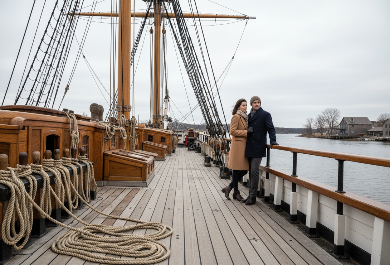 A wide-angle color photograph taken on a late winter afternoon shows the wooden deck of the historic Charles W. Morgan whaling ship at Mystic Seaport Museum in Connecticut. Weathered planks and coils of rope fill the foreground, leading the eye toward a young couple standing near the rail, silhouetted against a pale overcast sky as they look out over the calm Mystic River and a shoreline of simple New England buildings and bare trees.