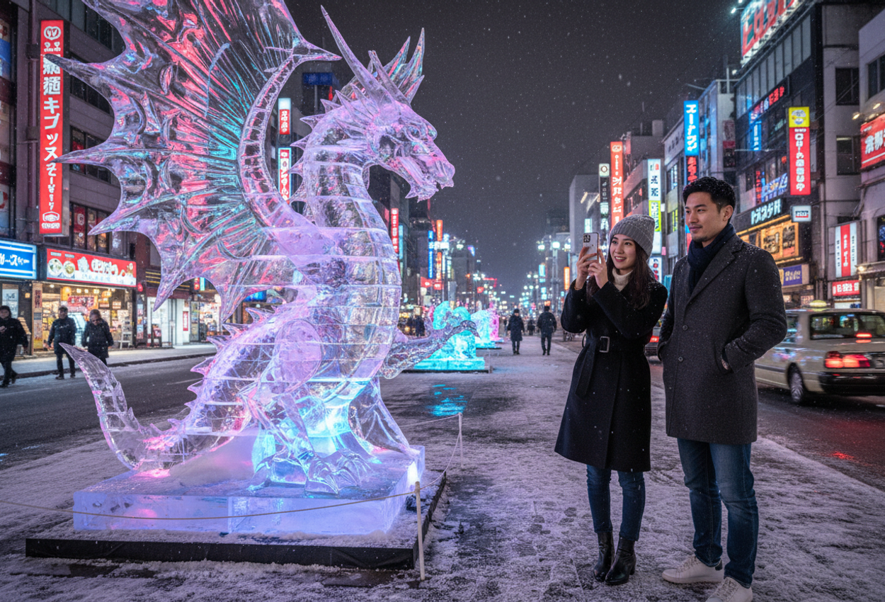 Neon-Lit Ice Dragon Sculpture on Ekimae-dori in Susukino, Sapporo Nightlife Winter Scene Evening photograph of Susukino’s Ekimae-dori in Sapporo during the Snow Festival, showing a large clear ice dragon sculpture on the street median glowing with pink and blue neon reflections. In the mid-ground, a stylish young couple in winter coats stops to photograph the artwork, their faces lit by phone screens and streetlights. Taxi lights streak along the edge of the frame, with rows of illuminated Japanese signs and other ice sculptures receding into the snowy night.