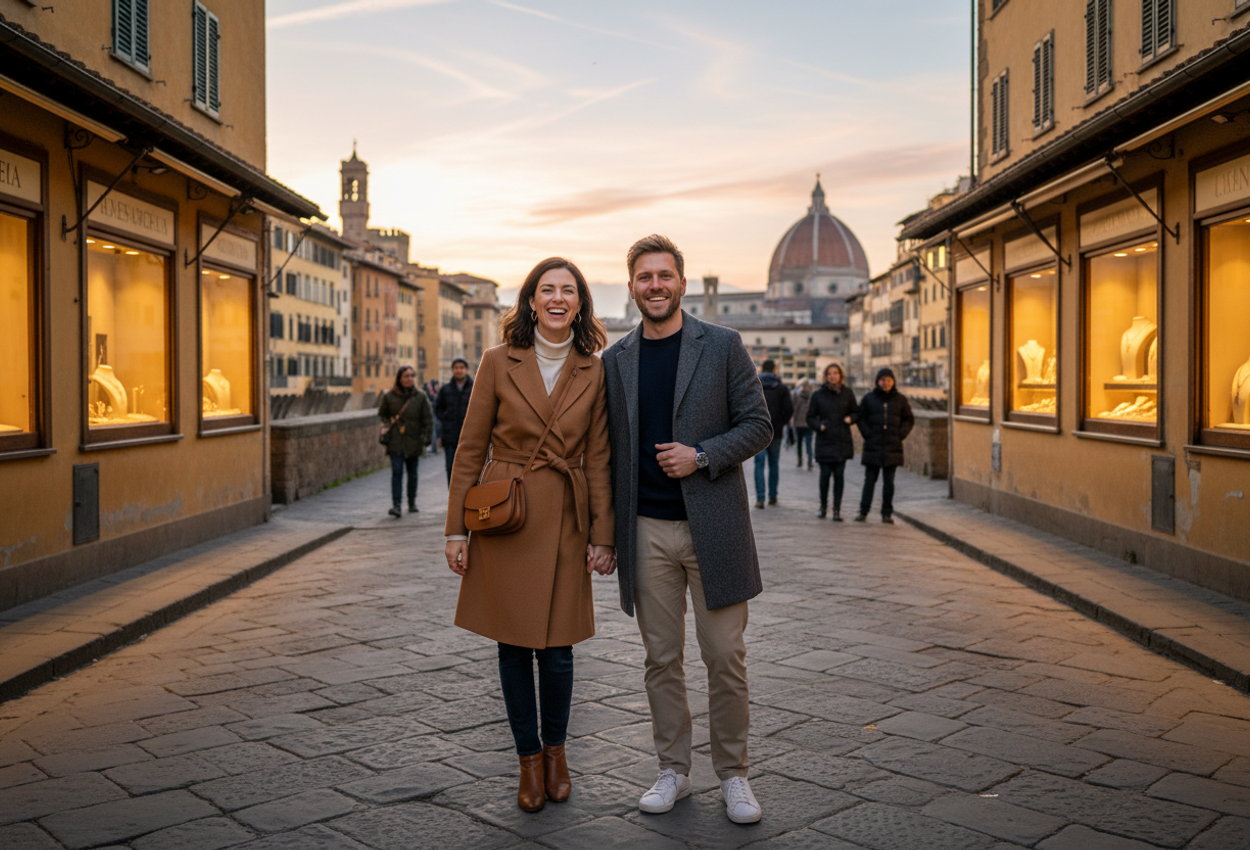 A high-resolution photograph captures a stylish young couple standing at the center of Ponte Vecchio in Florence during golden hour on a clear February afternoon. They lean into each other mid-laughter, dressed in tailored winter coats and casual luxury clothing, sharply in focus against softly blurred jewelry shops glowing with warm light on both sides. Beyond them, the Arno River reflects a pastel sunset sky and rows of historic ochre and terracotta buildings, with the dome of Florence’s Duomo faintly visible on the horizon and low Tuscan hills in the distance.