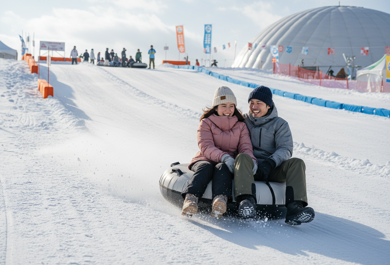 Young Couple Snow Rafting at Sapporo Tsudome Snow Festival in Bright Winter Light A high-resolution photograph shows a young Japanese couple laughing together as they speed downhill on a shared snow rafting tube at the Sapporo Snow Festival Tsudome site. They are captured mid-descent on a wide, groomed white slope, with crisp snow spray frozen around them and subtle tracks marking the slide. The man and woman wear stylish, modern winter jackets, snow pants, beanies, and gloves, leaning slightly into each other with joyful expressions. In the distance at the top of the slope, small figures wait for their turn, and the curved white Tsudome dome and colorful festival flags rise softly out of focus under a pale winter sky.