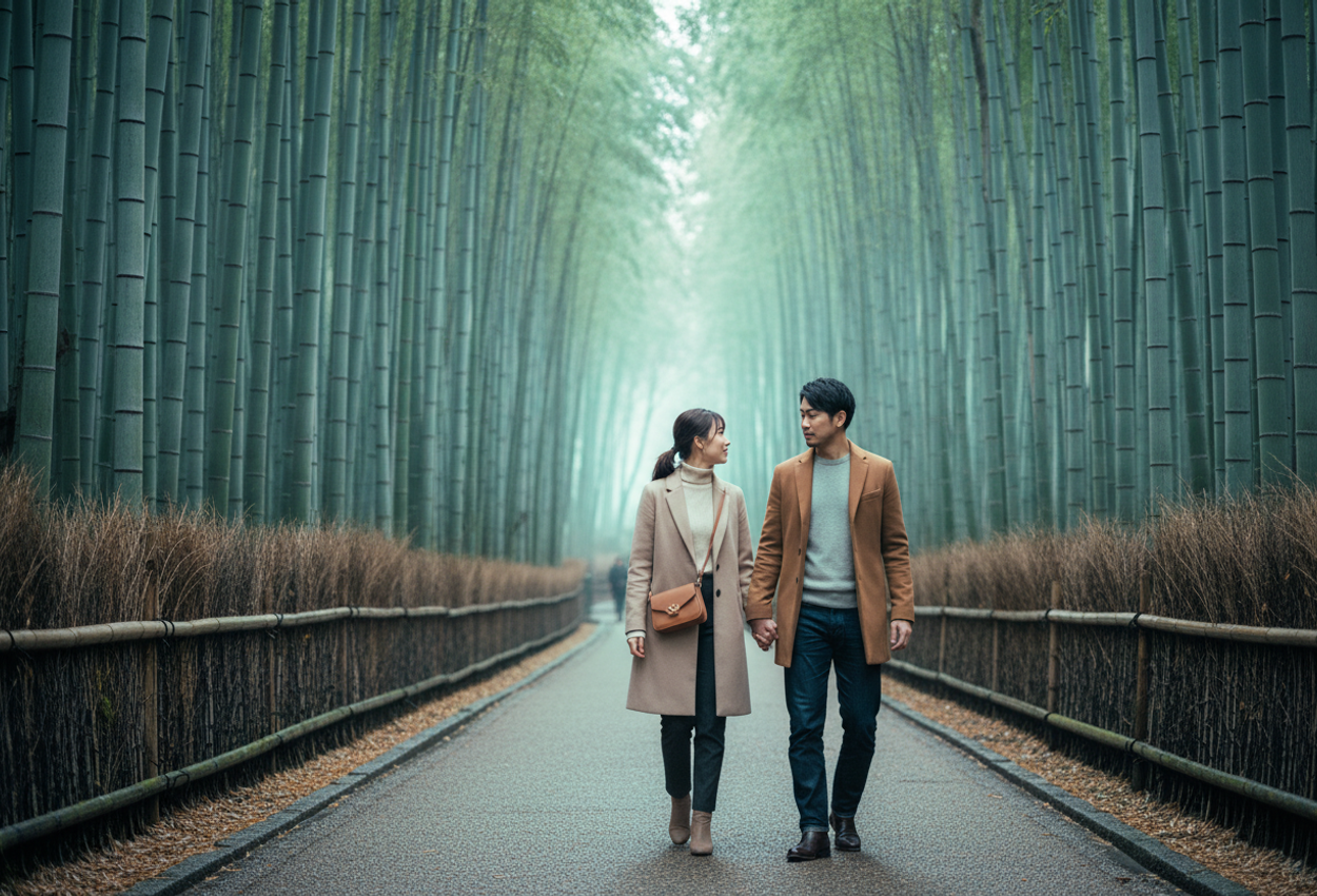 A wide, horizontal photograph inside Kyoto’s Arashiyama Bamboo Grove shows a stylish young Japanese couple walking hand in hand along a narrow path, dwarfed by tall, muted green bamboo rising on both sides under soft overcast light. The pair, dressed in neutral wool coats and leather boots on a cool February day, are placed in the lower part of the frame as the path and low bamboo railings lead the eye toward a hazy, distant vanishing point, creating a serene, contemplative mood.