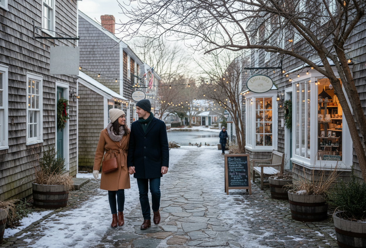 A high-resolution photograph shows a quiet winter afternoon in Olde Mistick Village in Mystic, Connecticut. A stylish young couple in wool coats, knit hats, and scarves walk arm in arm away from the camera along a gently curving stone path lightly dusted with snow. Weathered shingle-sided New England shop buildings line both sides of the pedestrian lane, their small-paned windows glowing with warm interior light. Bare trees arch overhead, and warm string lights are strung across the lane. In the distance, a small pond and a few ducks are faintly visible through the branches, creating a peaceful and nostalgic scene.
