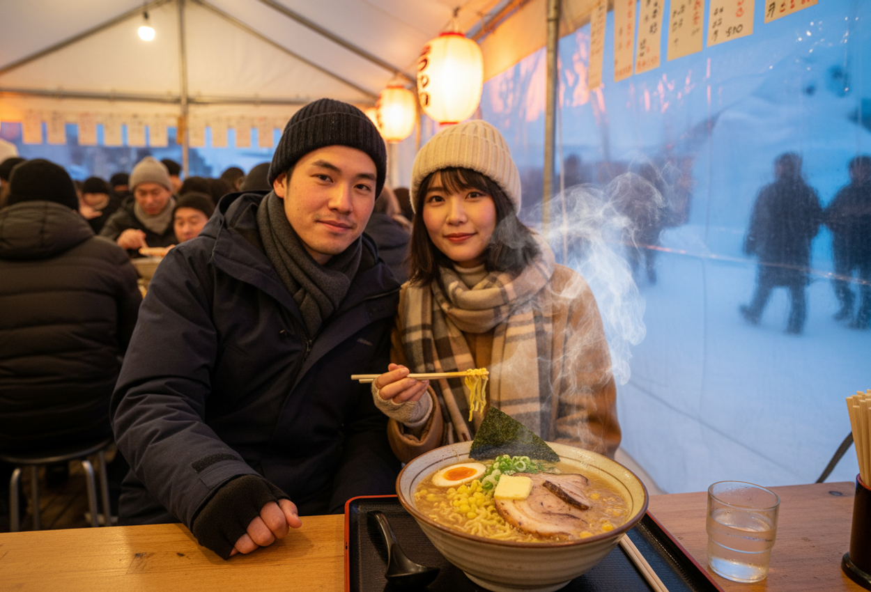 Intimate Ramen Moment Inside a Warm Food Tent at the Sapporo Snow Festival A high-resolution color photograph taken inside a warm food tent at the Sapporo Snow Festival in winter. In the foreground, a detailed bowl of miso Sapporo ramen sits on a narrow wooden counter, with cloudy broth, curly yellow noodles, slices of chashu pork, melting butter, bright corn, and rising steam. Just beyond the bowl, a young Japanese couple in stylish winter coats and knit hats sit shoulder to shoulder, slightly out of focus but clearly sharing a quiet, intimate moment as they eat. Behind them, other bundled festivalgoers sit at communal tables under warm paper lanterns and handwritten menus, with condensation on the plastic tent walls and faint hints of snowy shapes outside, creating a cozy contrast between interior warmth and the cold night.