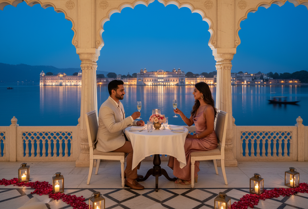 A high-resolution evening photograph shows a stylish Indian couple on the Mewar Terrace of Taj Lake Palace in Udaipur, seated at a small candlelit table overlooking Lake Pichola. White marble columns and balustrades frame the view of the illuminated City Palace and shoreline havelis in the distance, their warm lights reflecting across the dark blue water. Rose petals and brass lanterns decorate the terrace floor, while the blue hour sky fades from deep indigo to softer blue above the glowing lakeside city.