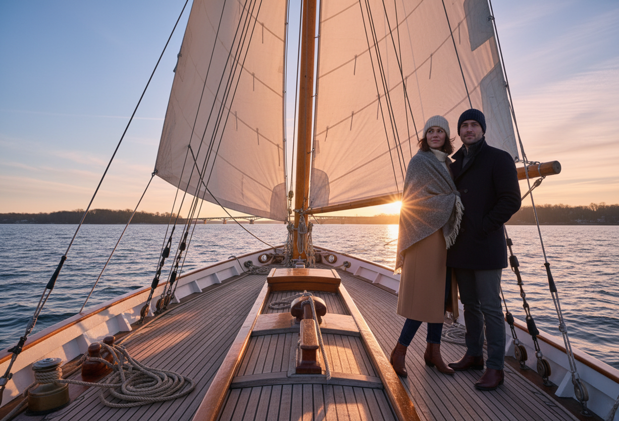 A wide-angle photograph taken from the deck of the schooner Argia during a golden-hour winter sunset on the Mystic River in Connecticut. The image looks forward along the wooden deck toward the bow, where a stylishly dressed couple stands close together with their backs to the camera, wrapped in a shared wool blanket as they face the low sun. Cream-colored sails are fully raised and glow warmly in the backlight, with rigging lines leading the eye toward the horizon. Coiled ropes, polished wood, and brass fittings are sharply detailed in the foreground, while the water reflects streaks of orange and pink from the sky. The far shoreline and a distant bridge are softly out of focus, creating depth and a calm, romantic atmosphere.