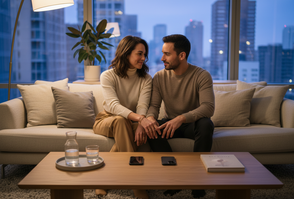 A wide, cinematic color photograph in a modern urban living room at dusk shows a stylish couple in their early thirties sitting close together on a minimalist beige sofa. In the foreground, a wooden coffee table holds two smartphones placed face down. The man and woman lean gently toward each other, their hands reaching across the table so their fingers are about to interlace directly above the unused phones. Warm light from a floor lamp bathes their faces and hands, while a large window behind them reveals a softly blurred city skyline under a deepening blue sky. The room is calm, uncluttered, and tastefully decorated in warm neutral tones, conveying a quiet moment of intimacy and digital disconnection.