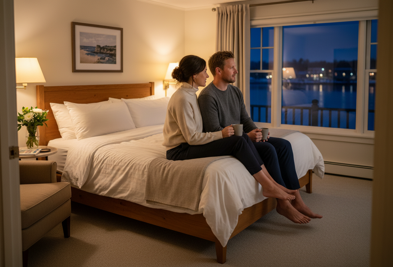 Photograph of a warmly lit king room at Steamboat Inn in Mystic, Connecticut, on a winter night. A stylish couple sits together on the edge of a neatly made bed with white linens, sharing a blanket and holding steaming ceramic mugs as they look toward a large window. Outside the glass, the dark Mystic River reflects a few scattered town lights on the far bank. Inside, soft lamps illuminate a small table with a vase of flowers and a local guidebook, textured bedding, and simple, elegant furnishings, creating an intimate sanctuary-like atmosphere contrasting with the cool night beyond.