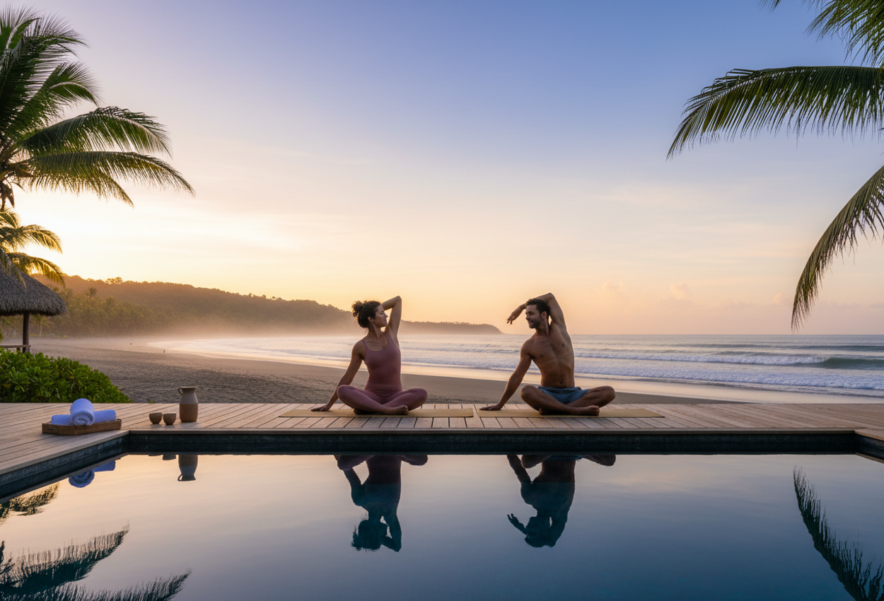 Photograph of a sunrise at Sansara Surf & Yoga Resort in Cambutal, Panama, showing a couple in their early thirties practicing a gentle partner yoga pose on a teak deck beside an infinity pool. The camera is low at the water’s edge, capturing the calm turquoise pool reflecting the pastel pink and orange sky, the couple’s silhouettes, and distant rolling waves on a dark volcanic sand beach. Palm fronds frame the top of the image, and low forested hills and soft sea mist line the horizon, creating a serene, luxurious coastal atmosphere.