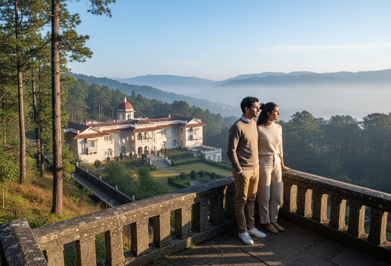 A high-resolution landscape photo taken from a stone terrace above Ananda in the Himalayas near Rishikesh, Uttarakhand, on a clear winter morning. A stylish couple in neutral sweaters and trousers stands at the railing in soft profile, looking out over the cream-colored palace building nestled in lush sal forest. Layers of blue-grey Himalayan foothills fade into mist in the distance under a pale blue sky, with gentle morning light catching the trees, stone, and their clothing, creating a tranquil scene of quiet retreat and connection with nature.