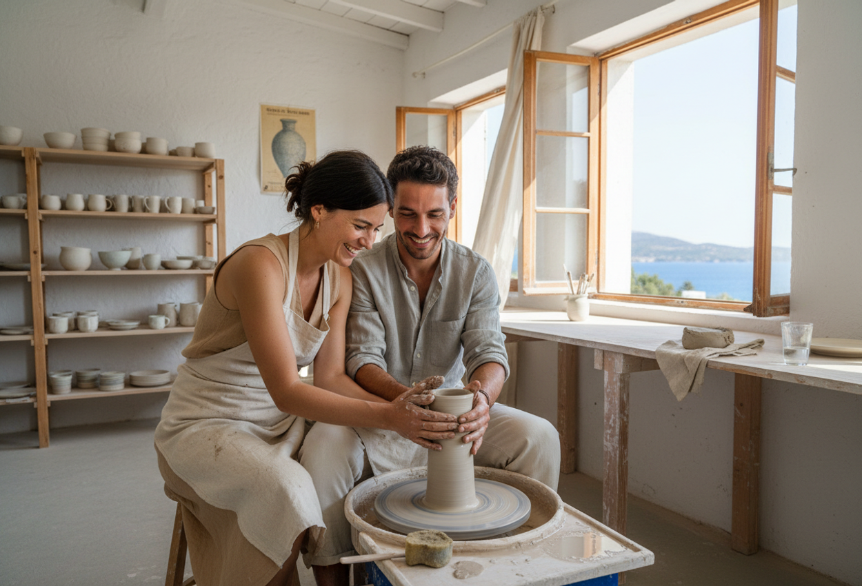A photograph of a young couple working together at a potter’s wheel in a bright ceramics studio on the Greek island of Aegina. Sunlight from large open windows illuminates their clay-covered hands and the vessel they are shaping, while shelves of drying bowls and mugs line the wall behind them. Through the windows, the distant Aegean Sea and pine-covered hills are visible under a clear spring midday sky.