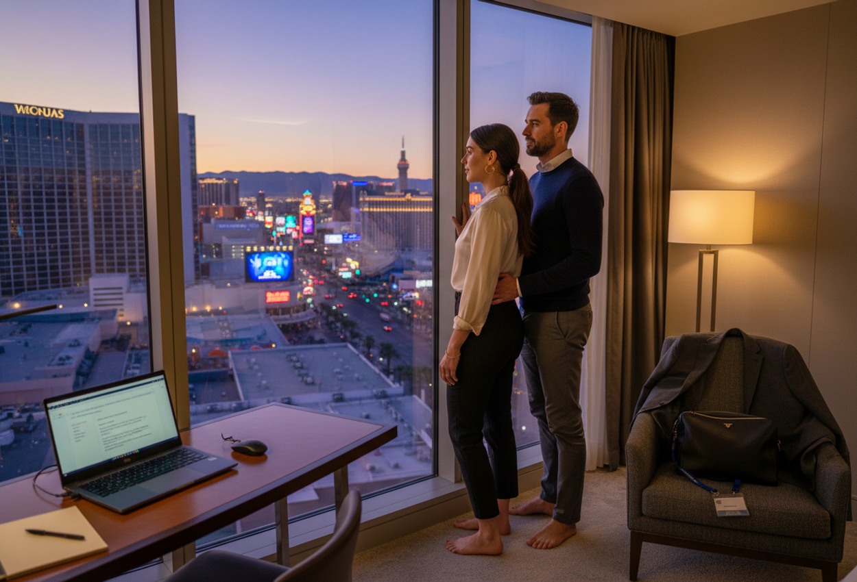 Luxury Las Vegas Hotel Room View With Professional Couple Overlooking the Strip at Dusk A high-rise Las Vegas hotel room at dusk shows a smartly dressed couple in their early thirties standing barefoot at a floor-to-ceiling window, gently leaning into each other as they look out over the glowing Strip. Inside the softly lit room, an open laptop with a business presentation rests on a tidy desk, while a blazer, conference lanyard, and small overnight bag are placed on a nearby armchair, suggesting a blend of work and romance. The city below is filled with neon signs, billboards, and streams of car lights, framed by a purple and gold winter evening sky.