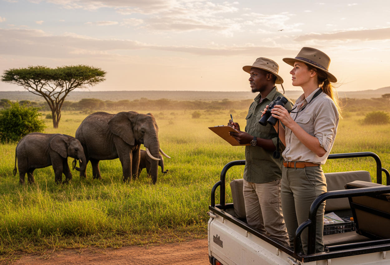 High-resolution photograph of a couple standing in the back of an open-topped research vehicle in the Zimbabwean bush at golden hour, observing and recording a small herd of elephants grazing near acacia trees under a vast sky and distant low hills, with warm dust-filled light highlighting the ethical wildlife conservation setting.