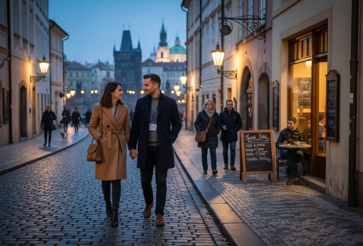 Romantic Evening Stroll Through a Historic Prague Street at Blue Hour Photograph of a stylish couple in their early thirties walking hand in hand along a narrow cobblestone street in historic Prague during blue hour. Warm light spills from cafe windows and traditional street lamps onto the damp stones, while locals and a few travelers move softly out of focus around them. In the distance, the silhouette of a stone bridge and church spires rises against a deep blue twilight sky, creating a layered, atmospheric cityscape that feels intimate, romantic, and authentically European.