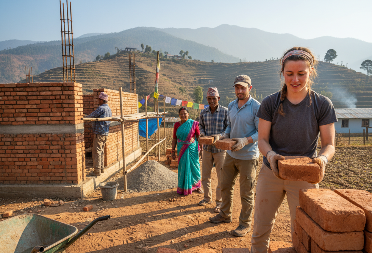 A ground-level photograph of a small construction site in rural Nepal, where a young Western couple and local Nepali workers stand in a diagonal line passing red bricks by hand in front of a partially built, earthquake-resilient brick structure with rebar and simple scaffolding. A woman in a bright turquoise and magenta sari bends to pick up a brick, while a Nepali mason works carefully on the wall. Dusty earth, stacked bricks, and tools fill the foreground, with terraced hills, small houses, and colorful prayer flags fluttering in clear late-winter mid-morning light in the background.