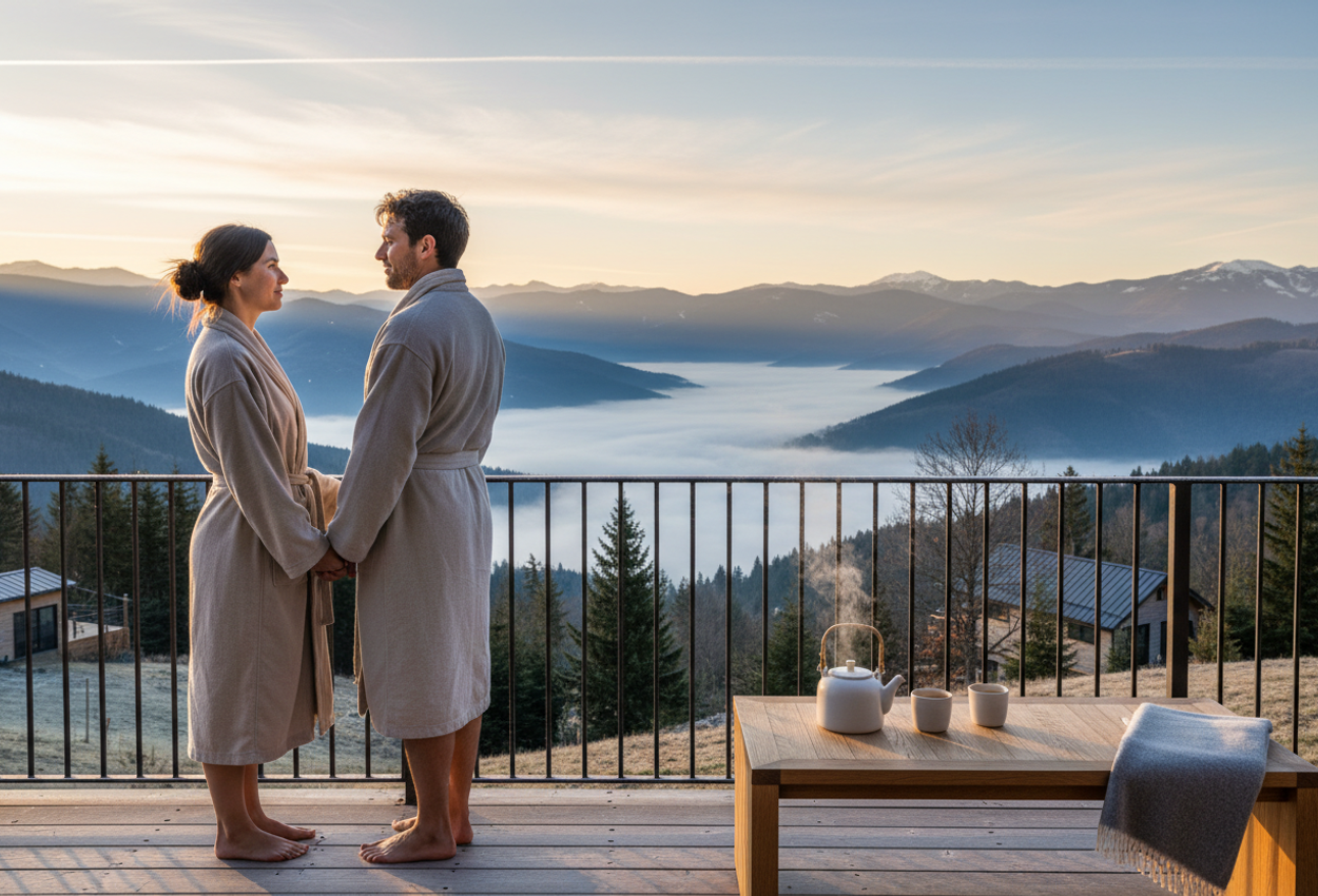 A high-resolution photograph shows a couple in light robes standing barefoot on a frosty wooden terrace at dawn, hand in hand, overlooking a mist-filled mountain valley. A small wooden table with a steaming white teapot and two cups sits nearby. The distant ridges and evergreen-covered slopes fade into soft pastel light under a wide, partly clouded sky, creating a quiet, luxurious winter retreat atmosphere.