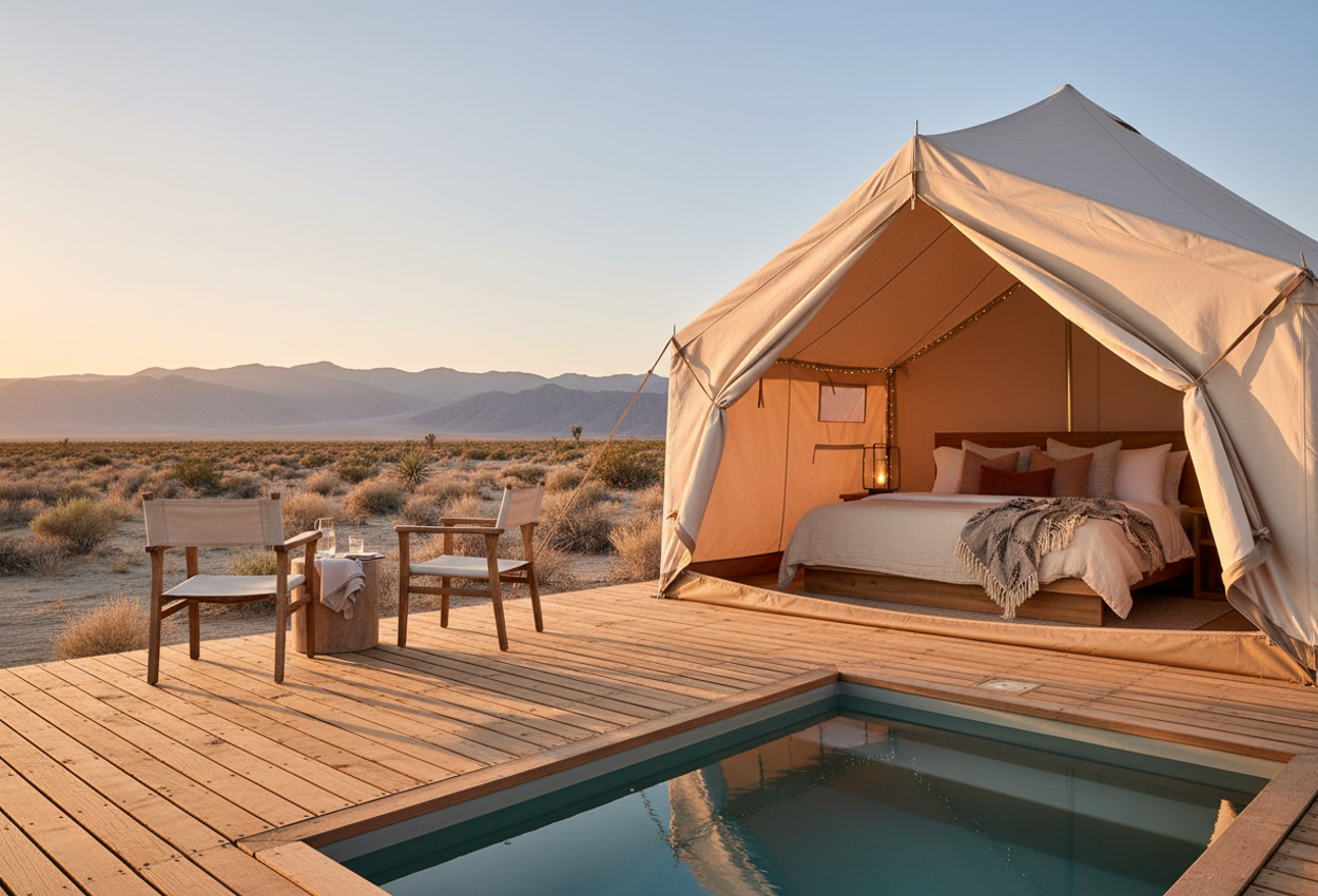 A high-resolution photograph of a cream canvas luxury glamping tent on a wooden deck at the edge of the Mojave Desert near Death Valley in winter. The open tent reveals a king bed with layered natural linen bedding facing the vast desert, with lanterns and string lights casting a warm glow. A small rectangular plunge pool sits beside the deck, reflecting the peach and amber tones of the clear evening sky. Low desert shrubs and distant blue-gray mountains stretch to the horizon, creating a tranquil sense of seclusion and comfort.
