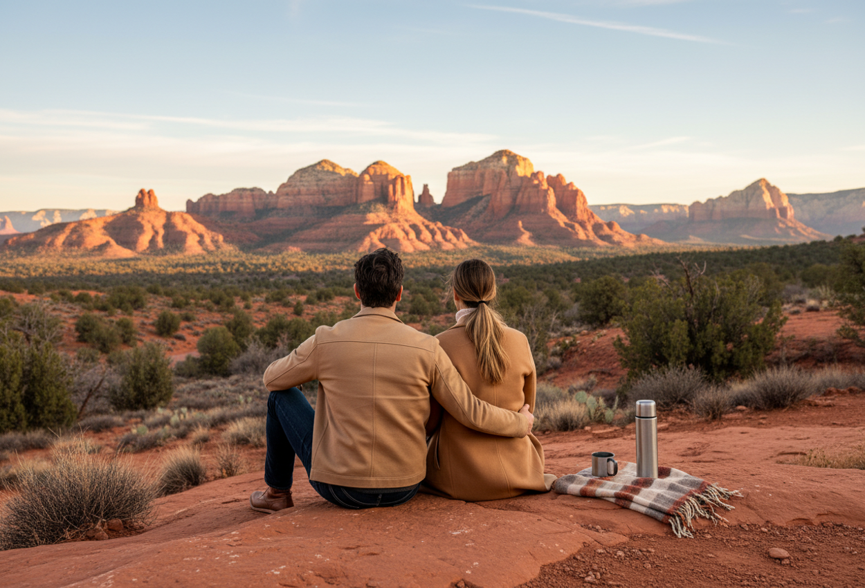 A photograph of a couple sitting close together on a low red rock ledge near Sedona, Arizona, on a clear February evening. Their backs are to the camera as they look out over glowing red sandstone buttes and a wide desert valley with juniper, piñon pines, and sparse shrubs. A folded wool blanket and thermos rest beside them. Warm golden light from the low sun illuminates the rocks and soft pastel sky, creating a quiet, contemplative mood with no other people or buildings in sight.