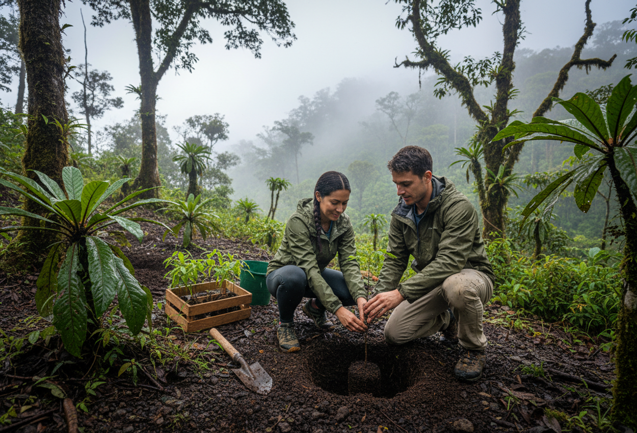 A high-resolution photograph shows a young couple on a misty Costa Rican hillside carefully planting a small tree sapling. The man kneels in dark outdoor clothing, guiding the root ball into a freshly dug hole, while the woman in a green rain jacket steadies the thin trunk and presses damp soil around it. Nearby lie a simple planting tool and a container of additional seedlings. Around them, dense cloud forest vegetation of moss-covered trunks, ferns, and broad leaves rises into low-hanging mist, creating a soft, overcast atmosphere that emphasizes the scale of the trees and the calm focus of the pair at work.
