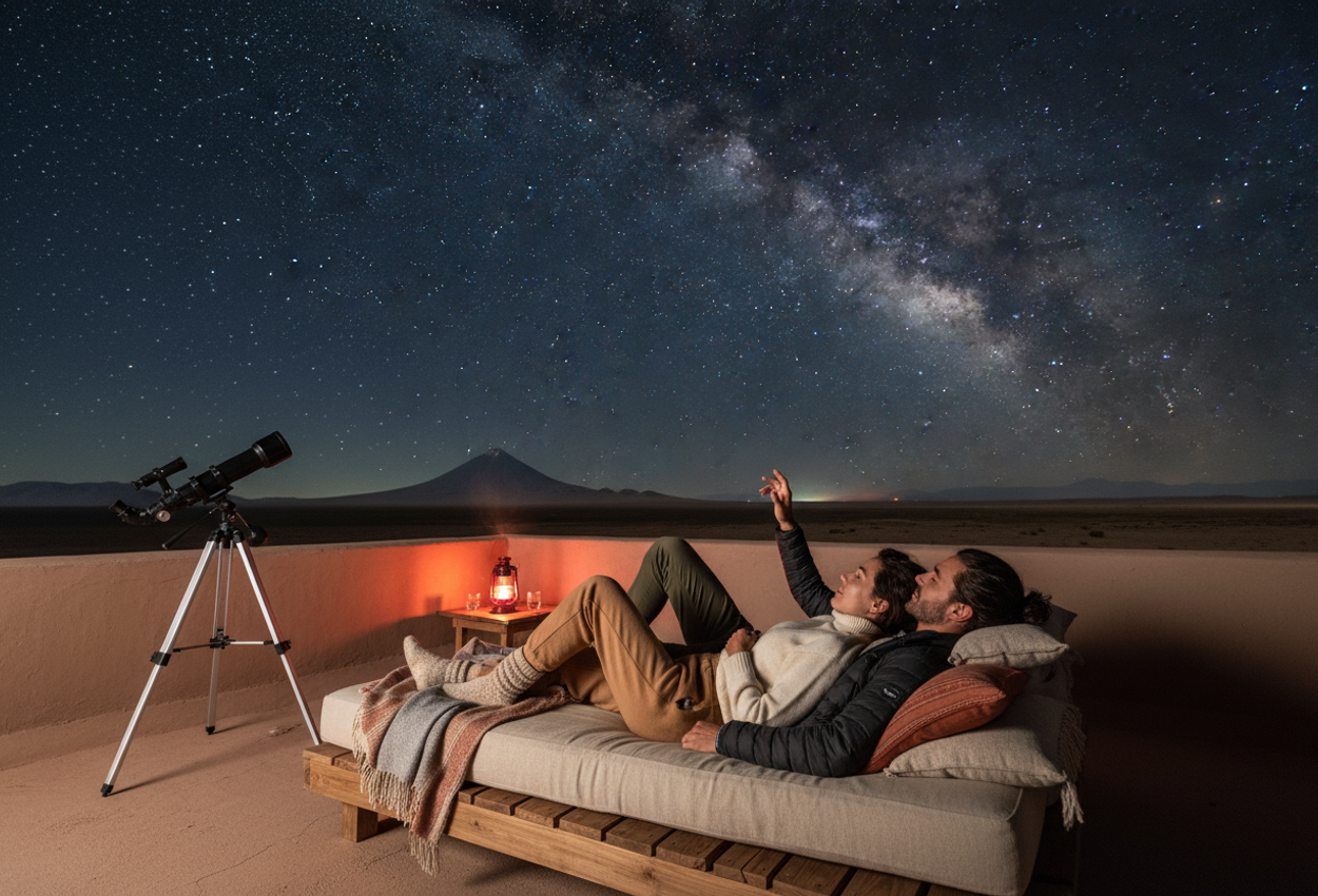 Nighttime photograph of a couple lying side by side on a low daybed atop a rooftop terrace in Chile’s Atacama Desert, warmly wrapped in wool blankets as they look up at a brilliant Milky Way arching across a deep indigo sky. A small telescope stands nearby, a single dim red lantern casts gentle light on their faces and textiles, and the silhouettes of distant volcanoes form a dark horizon beneath the densely starred sky.