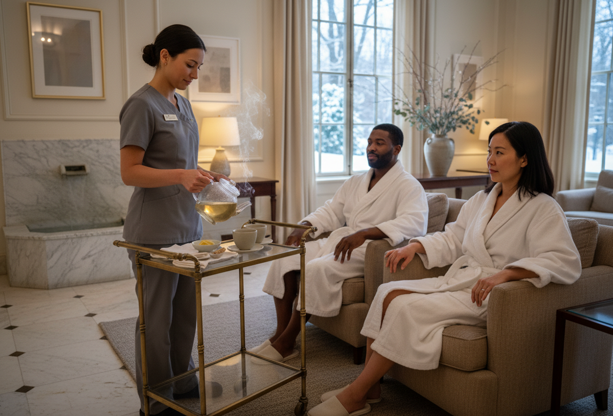 Photograph of a couple in plush white robes seated in armchairs inside the historic Bellefontaine Mansion at Canyon Ranch Lenox, as a staff member in a neutral spa uniform pours steaming herbal tea from a glass teapot on a brass trolley. Warm interior lighting and marble floors contrast with a window view of snow-dusted trees outside, creating a calm, intimate winter sanctuary at the start of a wellness retreat.