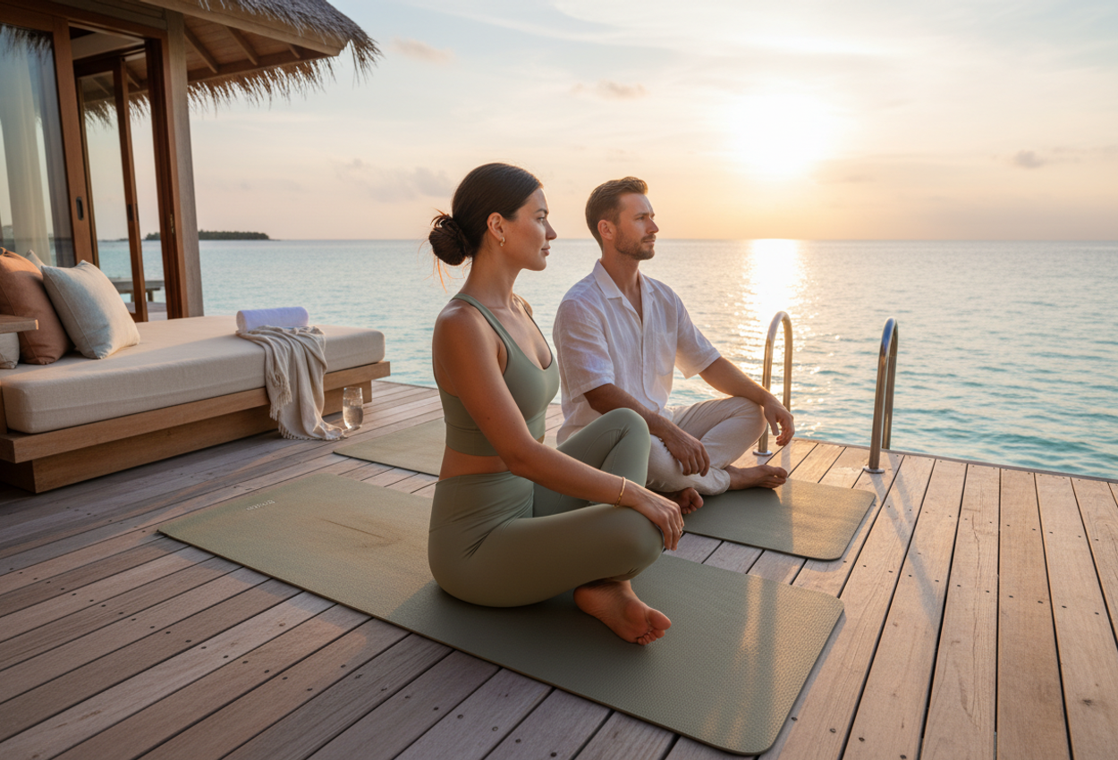 Photograph of a tranquil sunrise on the deck of an overwater bungalow in the Maldives. A man and woman in their early thirties sit on yoga mats near the edge of a wooden deck above clear turquoise water, facing the open ocean as the sun rises over the horizon. The woman is in a gentle seated twist and the man sits cross-legged beside her. Soft golden light highlights their relaxed poses, the warm teak deck, a nearby daybed, and a ladder leading down into the calm lagoon. The sky is streaked with pastel pink, peach, and blue typical of a clear dry-season morning, creating a peaceful, luxurious atmosphere.