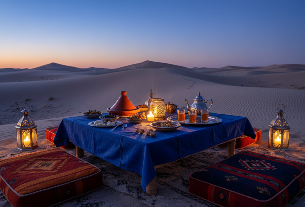 A high-resolution photograph shows an intimate candlelit dinner set on a dune ridge in the Moroccan Sahara at twilight. A low wooden table draped in rich indigo fabric sits in the sand, surrounded by patterned Berber-style floor cushions. Silver trays carry a terracotta tagine, small plates of mezze, and glasses of steaming mint tea beside intricately carved metal lanterns and small candles. Their warm golden light illuminates the table and nearby sand, while behind it the smooth, darkening dunes roll gently into the distance under a deep blue-to-violet evening sky. No people or buildings are visible, creating a quiet sense of privacy, warmth, and romance in the cool February desert air.