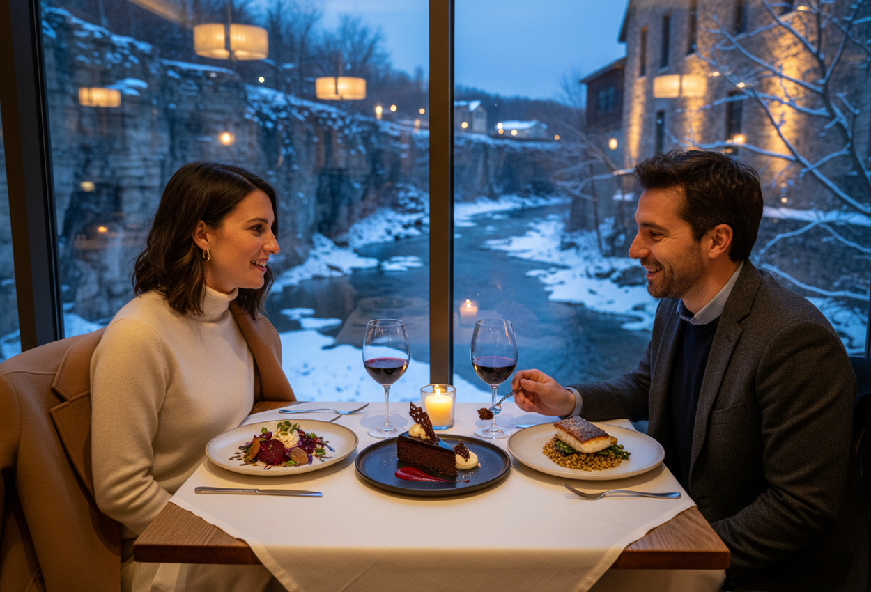 A detailed photograph of a couple sharing a candlelit winter dinner at Elora Mill Hotel & Spa in Elora, Ontario, seated by a large window that looks out over the snow-dusted Grand River gorge at blue hour. A farm-to-table beet salad, seared fish with grains and greens, and a shared dark chocolate dessert are arranged on a linen-covered table with partially filled wine glasses. Warm interior light and candle glow contrast with the cool twilight sky and softly lit stone walls outside, while the couple lean toward each other in relaxed mid-conversation.