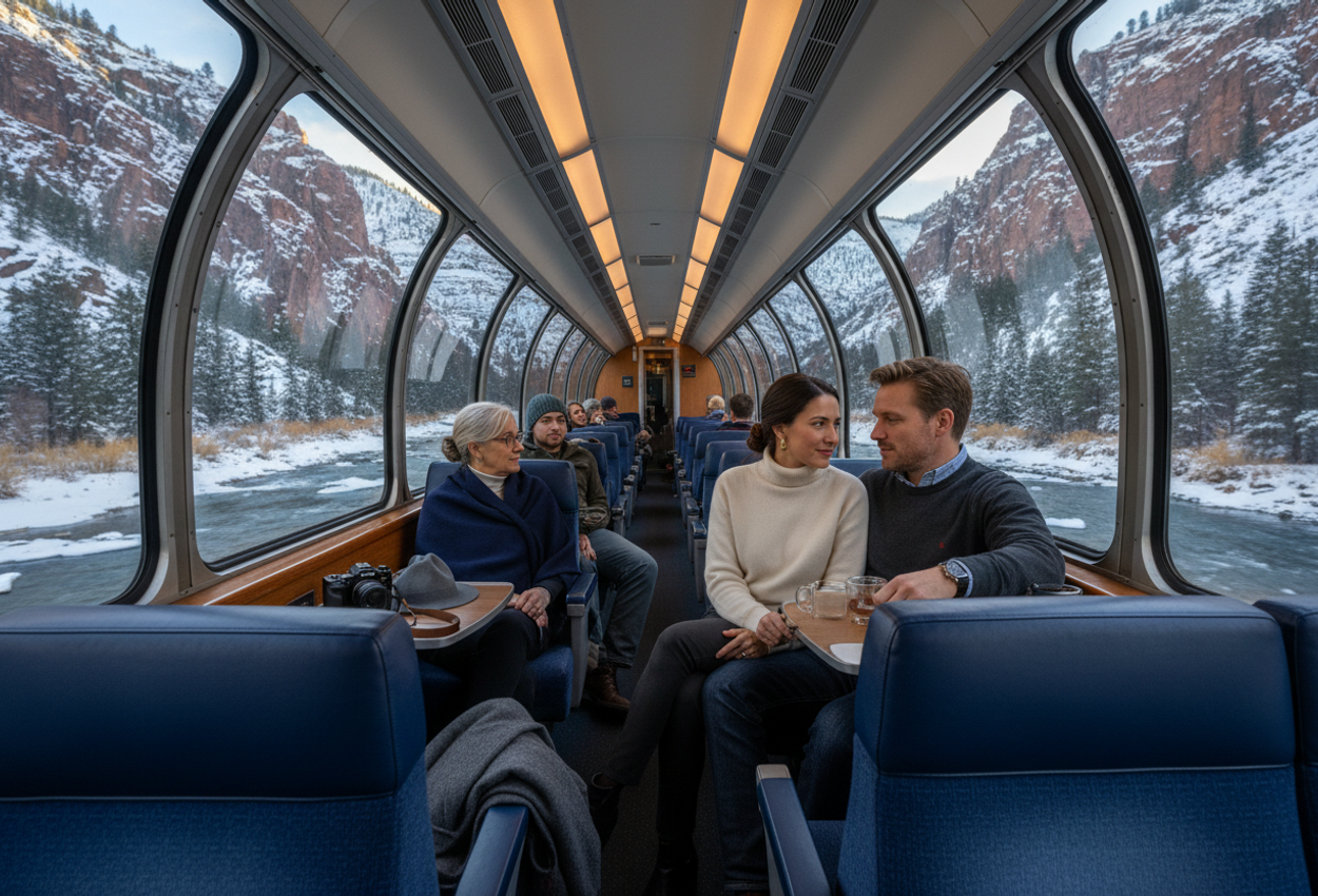 Interior of the California Zephyr’s glass-domed observation car on a clear February afternoon in Colorado’s Rocky Mountains. A stylish couple sits by large curved windows, warm lamplight and soft daylight on their faces, while other passengers relax along the length of the car. Outside, steep snow-dusted canyon walls rise above the train and the Colorado River runs beside the tracks, its dark water and patches of ice glinting silver. The scene contrasts the rugged, frozen landscape with the cozy, warmly lit atmosphere inside the moving train.