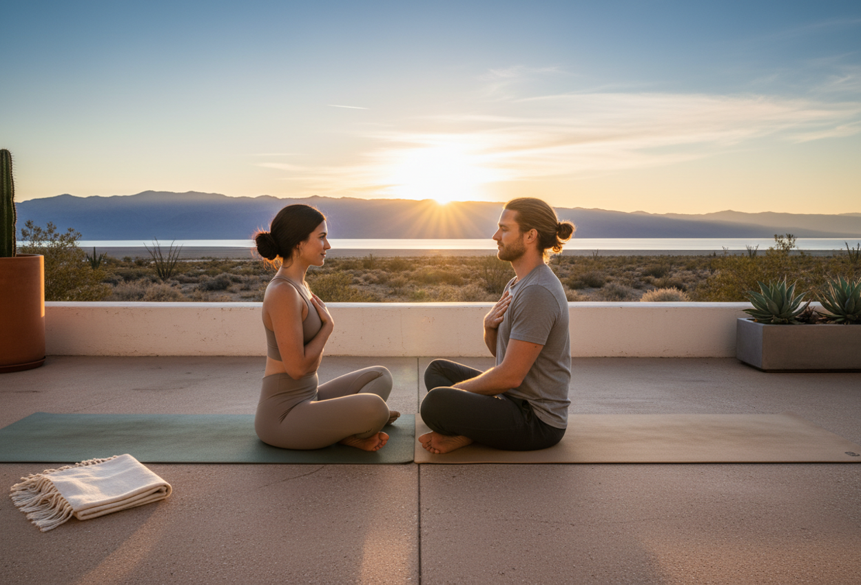 A high‑resolution photograph shows a couple in their early thirties practicing seated couples’ yoga on a minimalist terrace at Azure Palm Hot Springs near Desert Hot Springs, California, just after sunrise on a clear February morning. They sit cross‑legged on side‑by‑side yoga mats, facing the distant Salton Sea and blue‑violet mountain ranges, each with one hand on their own heart and the other gently resting on their partner’s chest. Warm golden backlight outlines their relaxed silhouettes, while soft fill light reveals natural skin texture and calm expressions. A low stucco wall, a folded cream blanket, and a few potted desert plants frame the foreground, leading the eye toward the reflective water and expansive pastel sky, creating a serene, intimate wellness scene in the winter desert.